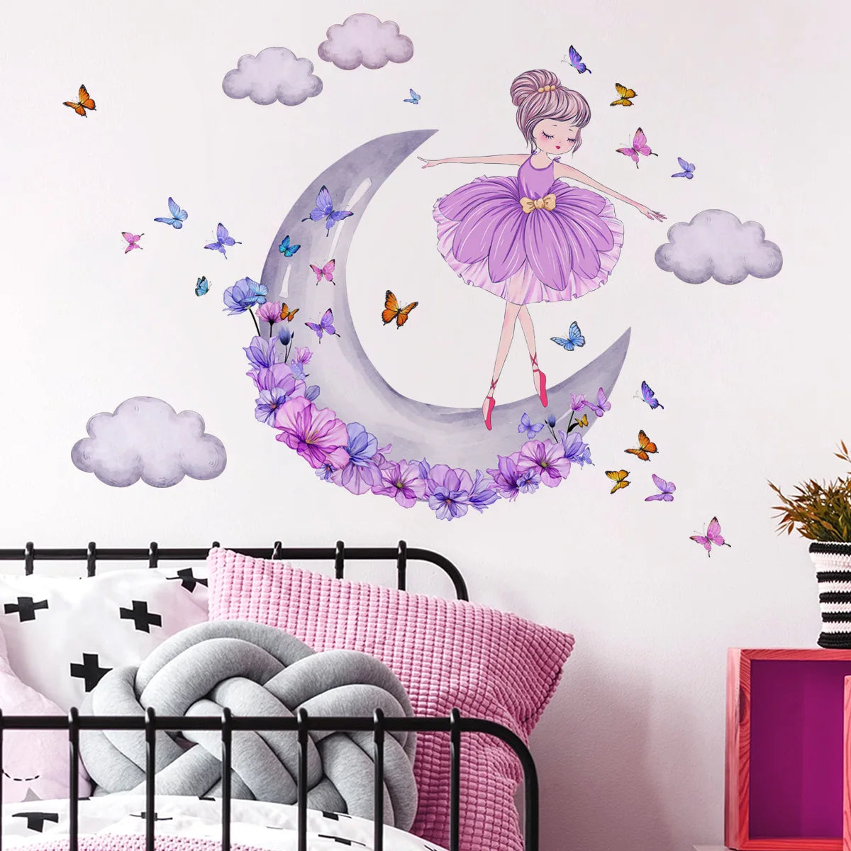 Girl Moon Clouds Purple butterfly Wall Stickers Princess Bedroom Living Room Decoration Wallpaper PVC Stickers