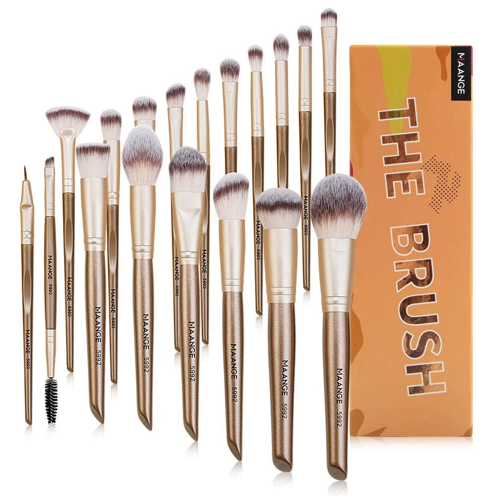MAANGE New Style Vendor Custom 18 Pcs Champagne Cosmetic Make up Brushes Pro Textured Vegan Soft Makeup Brush Set
