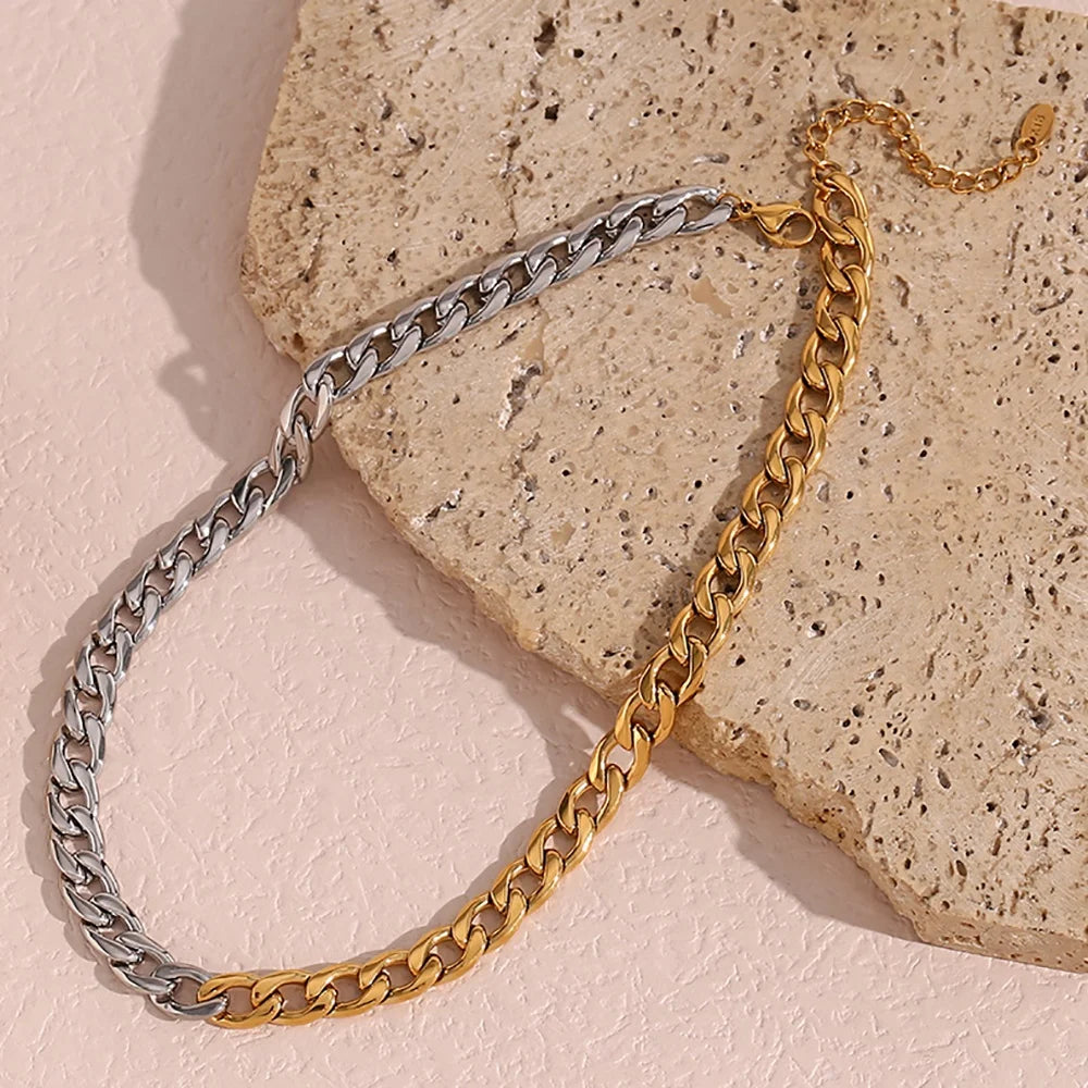 Dreamshow Chunky 18k Gold Plated Grinding Chain Necklace Cuban Chain Splicing Gold Silver Color Stainless Steel Choker Necklace