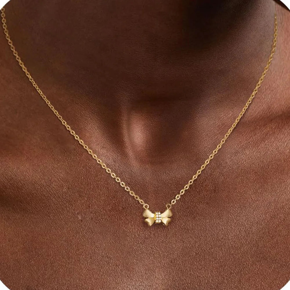 Modern Trendy Bow Pendant Gold Plated Necklace Women Sweet Cute Adjustable Bowknot Necklace for Valentine's Gift