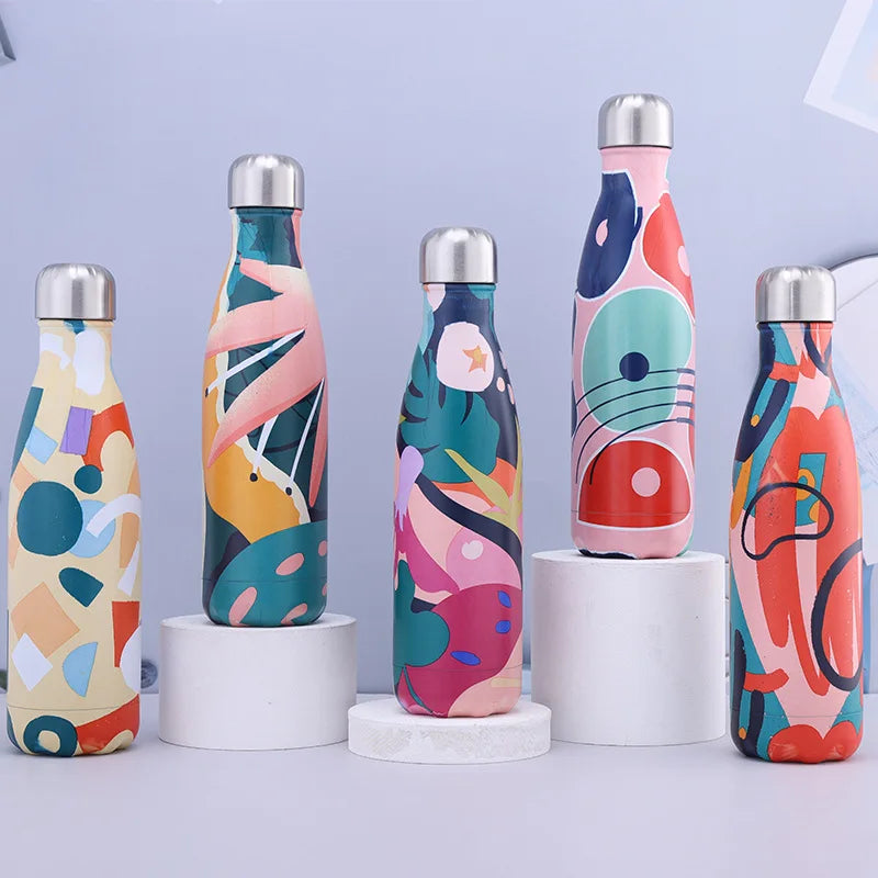 500ml/17oz Stainless Steel Geometric Cola Shaped Vacuum Insulated Thermos Water Bottles Double Walled Thermal Flask