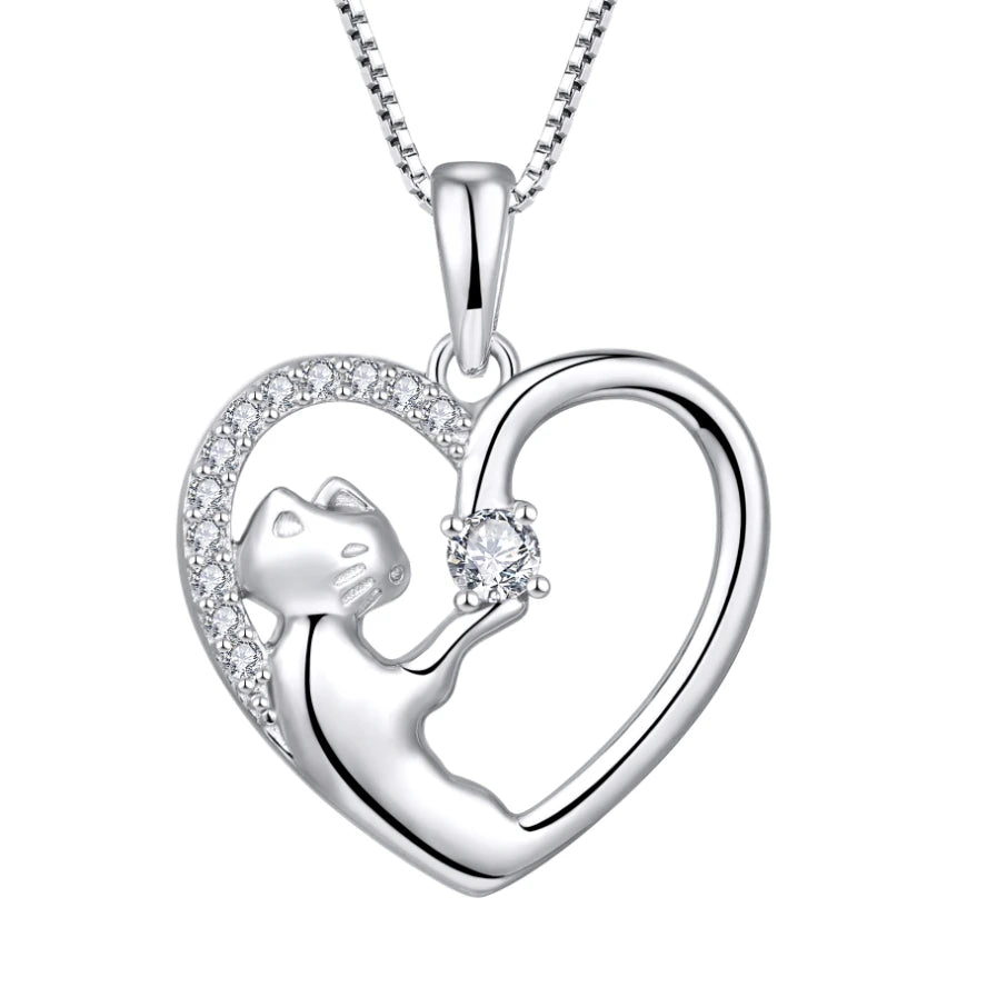 Wholesale Rhodium Plating Cat Heart Necklace Cubic Zirconia Romantic Sterling Silver 925 Cat Lover Necklace for Women and Girls