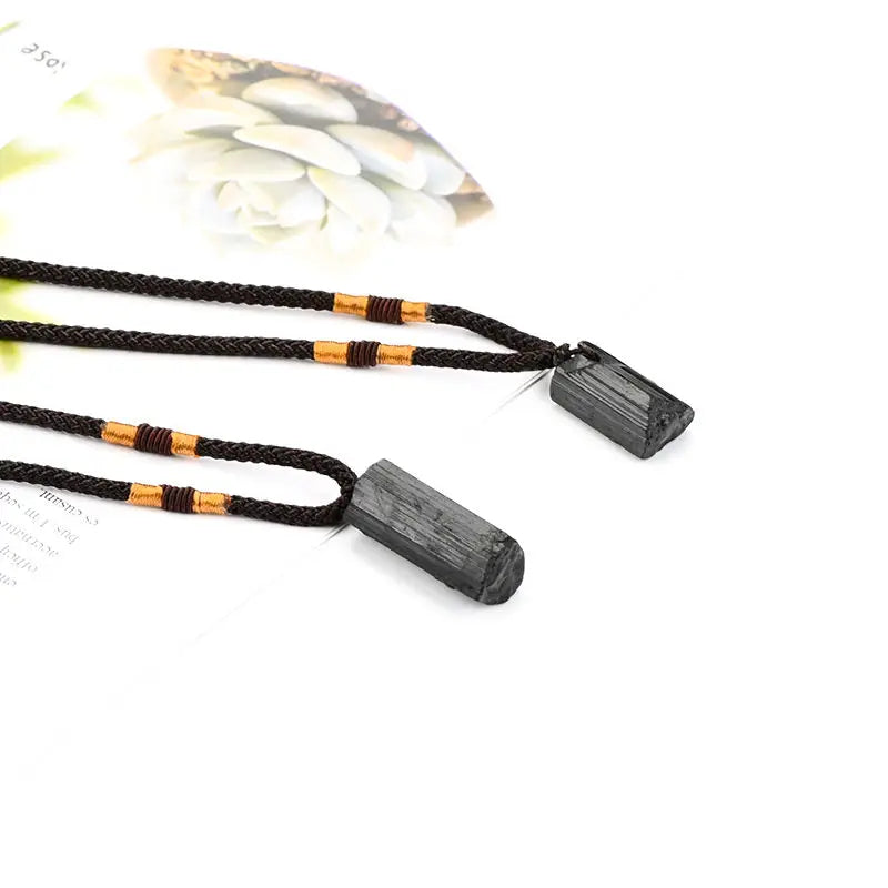 Adjustable Rough Stick Point Gemstone Black Necklaces Pendant with Tourmaline