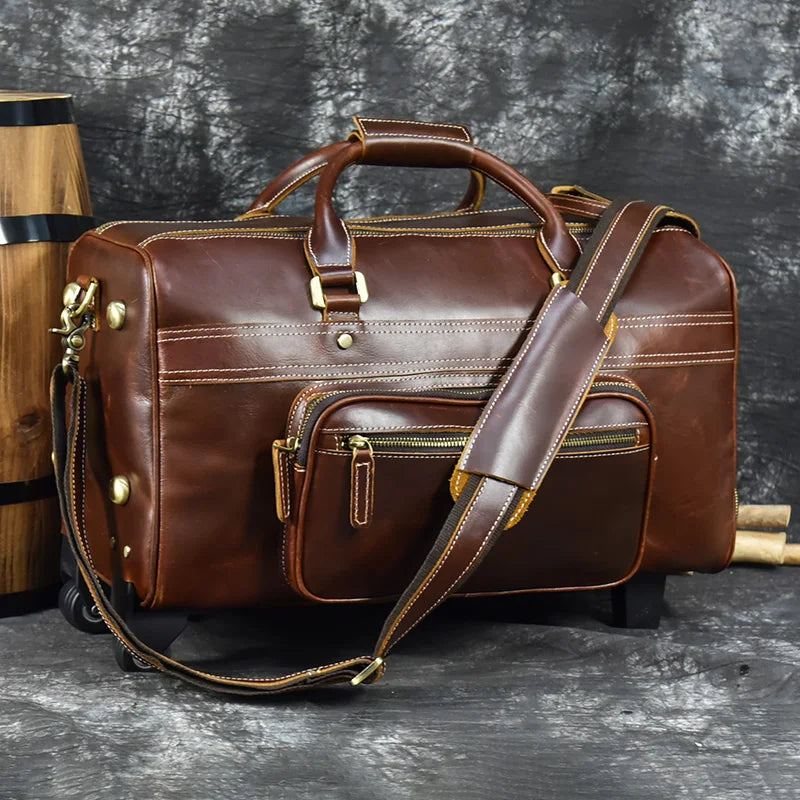 Manufacture Large Capacity Weekend Bag Leather Trolly Travel Luggage Duffel Bag With Wheel Trolley