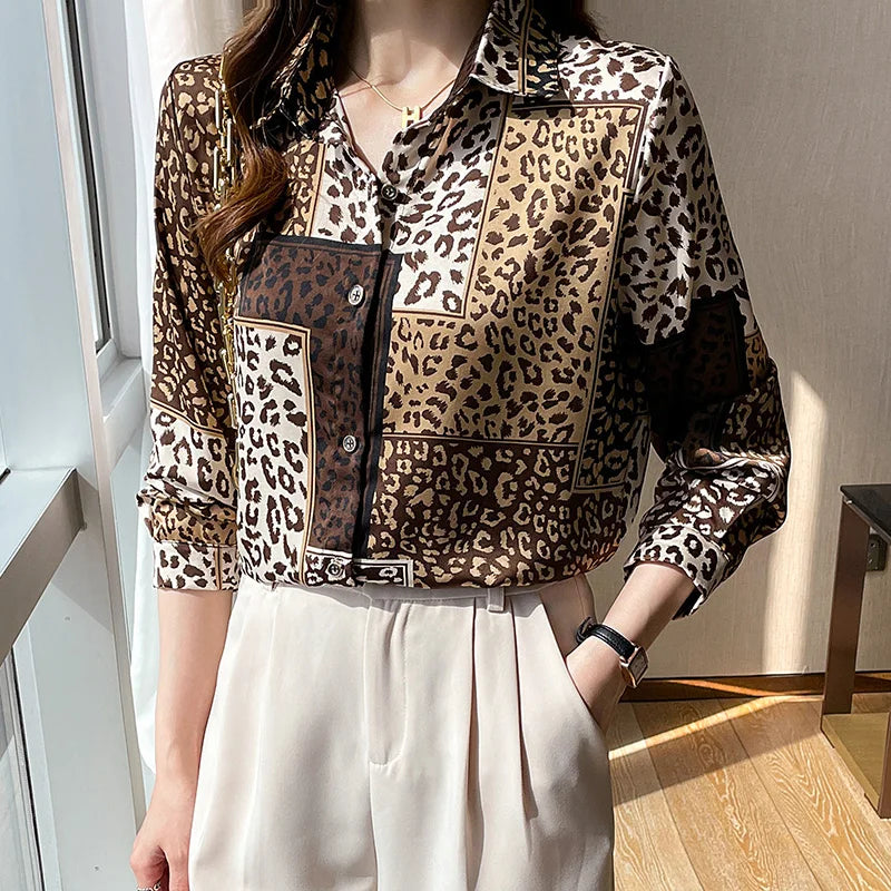 New Leopard Print Splicing Westernized Long Sleeve Shirt Women's High Quality Casual Blouse Top Fashion