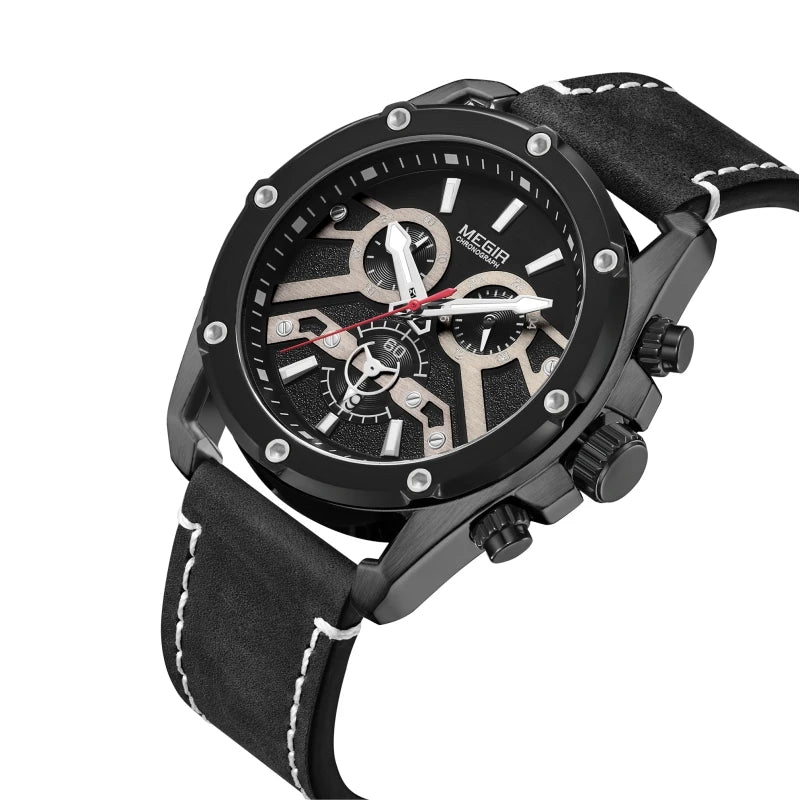 Hot Sale Cool Black Young Boys Watches Megir 2120 Low Moq Watch Wholesale Leather Strap Wristwatch for Men Jam Tangan Polos