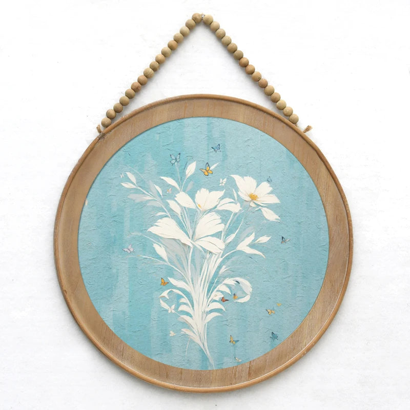 Vintage Mid-Century Modern Wall Art Blue Floral Botanical Paper Frame Print Retro Home Decor Neutral Wall Hanging Decorations