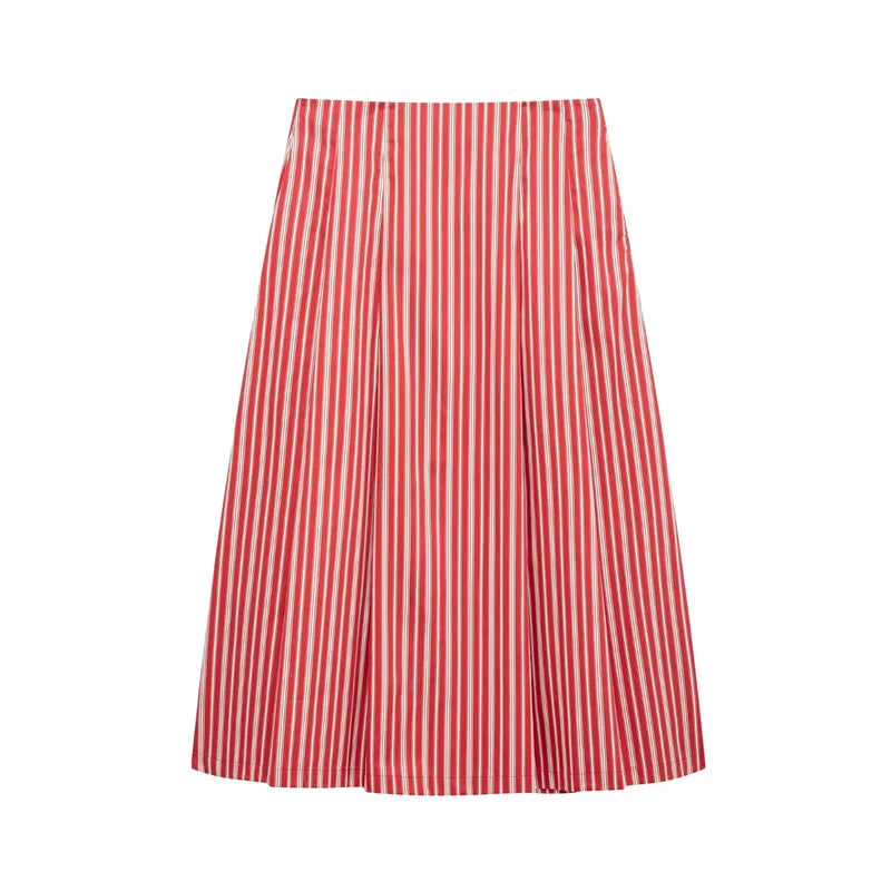 ZATRHMBM women's spring 2025 new fashion striped midi skirt retro high waist elegant casual female skirt