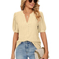 Women Eyelet Embroidery V Neck Blouse Puff Short Sleeve Summer Shirts Boho Casual Hollow Out Lace Tops Solid Color Cotton Tunic