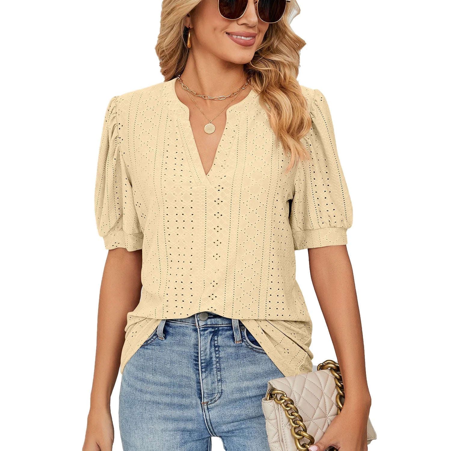 Women Eyelet Embroidery V Neck Blouse Puff Short Sleeve Summer Shirts Boho Casual Hollow Out Lace Tops Solid Color Cotton Tunic