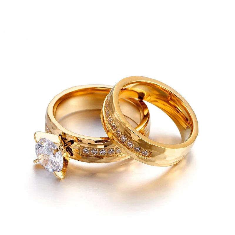 Fashion Classic Round 18K Gold Stainless Steel Zircon Couple Women Charm Luxury Gold Ring DesignsWedding Ring