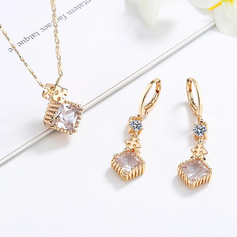 Zirconia Cubic Stone Womens Gold Necklace Drop Earring Pleated Set Jewelry Wholesale Conjuntos Joyas Para Mujeres