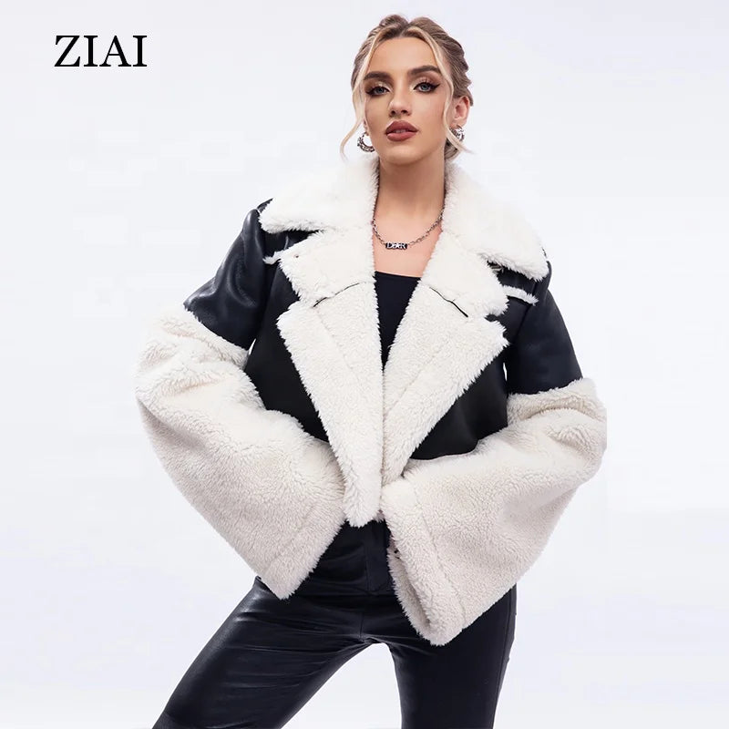 Women Faux Leather Jacket With Fur Collar Warm Fashion Motorcycle Jacket