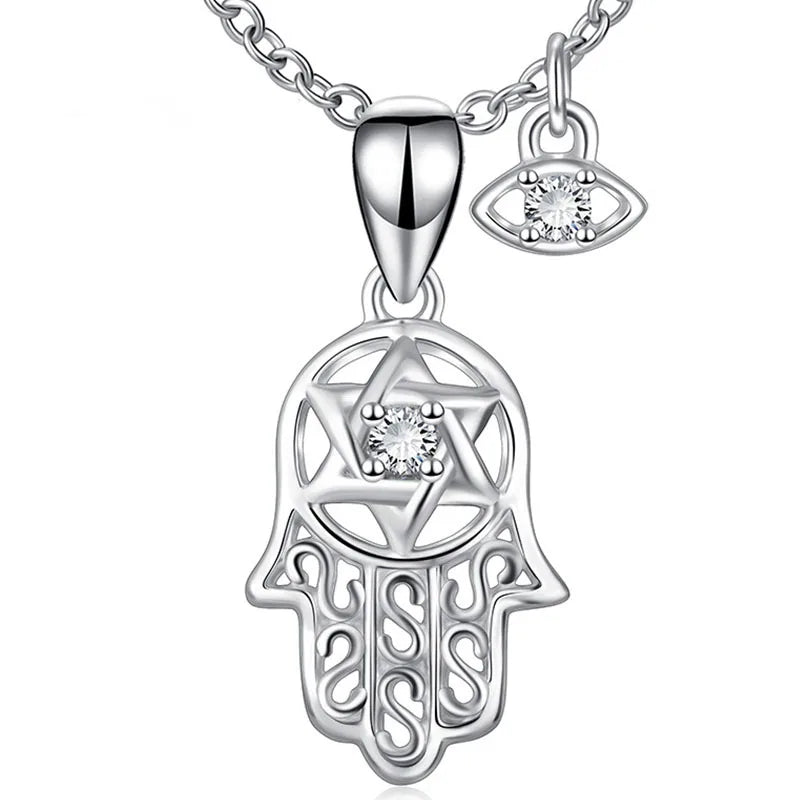 Fine Jewelry 925 Sterling Silver Zircon Fatima Palm & Eye Pendant Necklace for Women