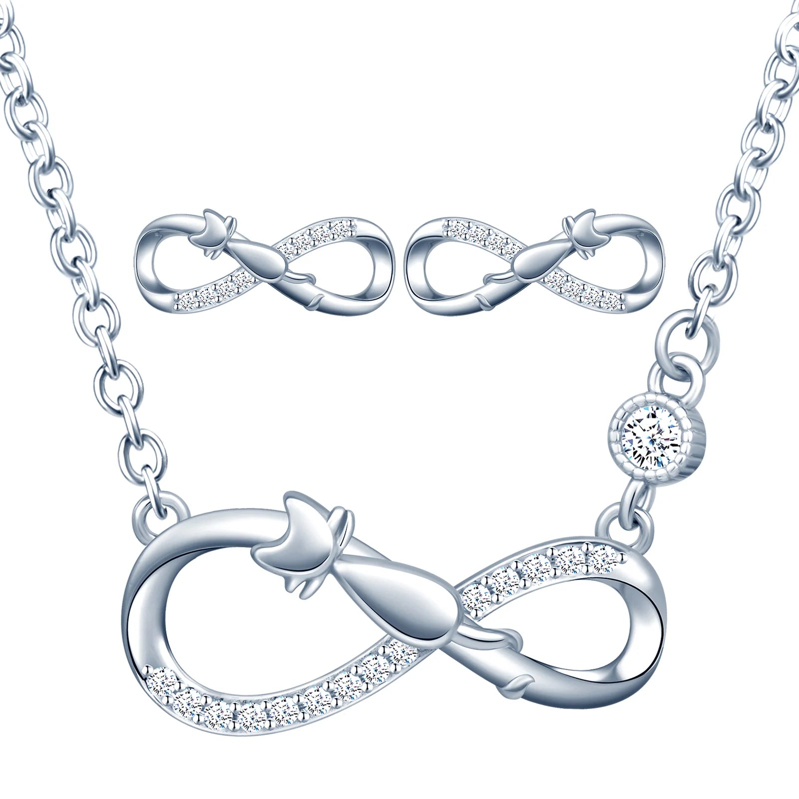 925 Silver Necklace Stud Earrings Infinity Lazy Cat Jewellery Sets