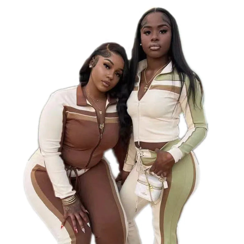 KY Stripe Custom 2 Piece Set Women Cropped Zipup Flare Pants Womens Twopiece Outfit Set Sport Wear