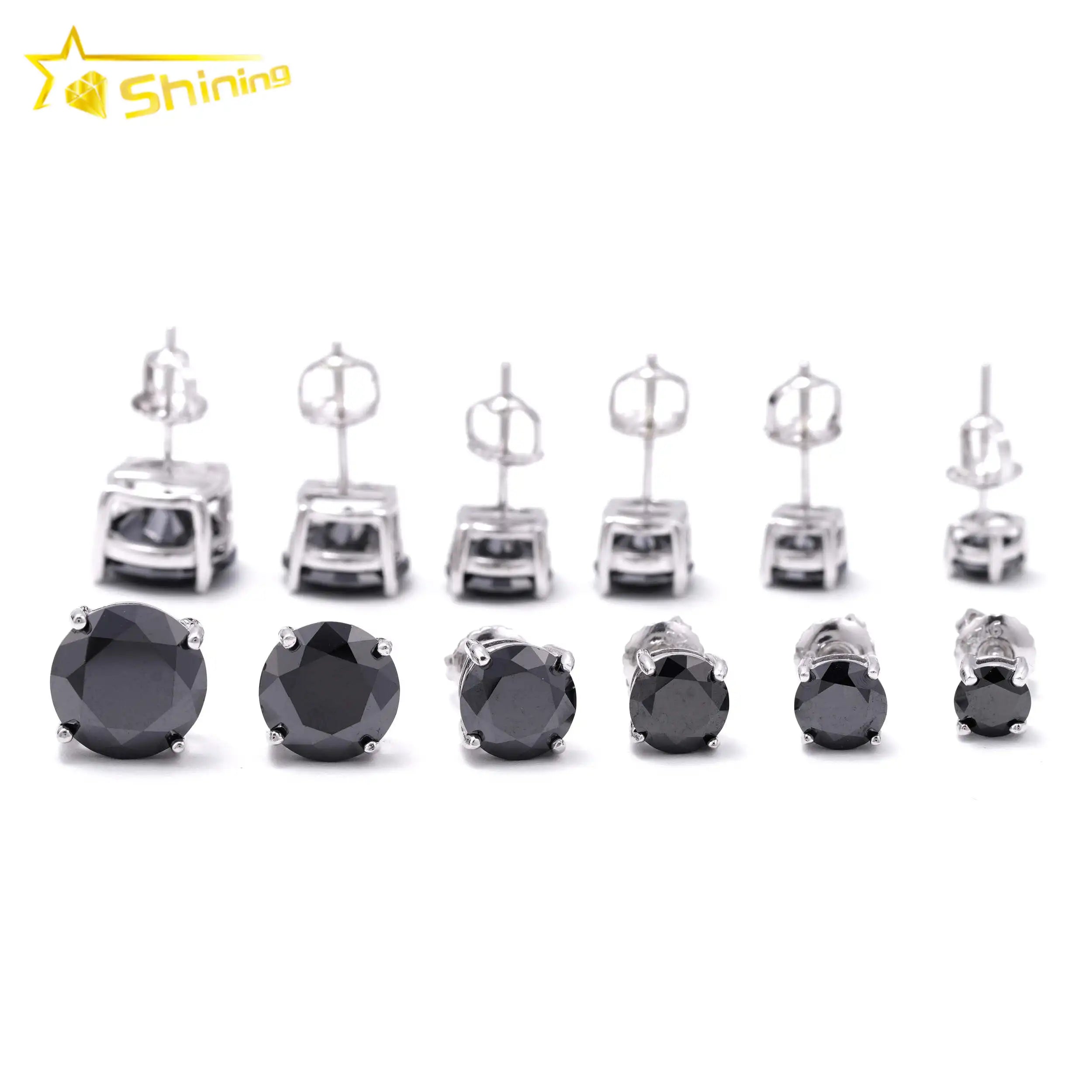 Classic 4 Prong Screw Back Ear Stud 925 Sterling Silver 1ct 2ct 3ct Hip Hop Black Moissanite Earrings