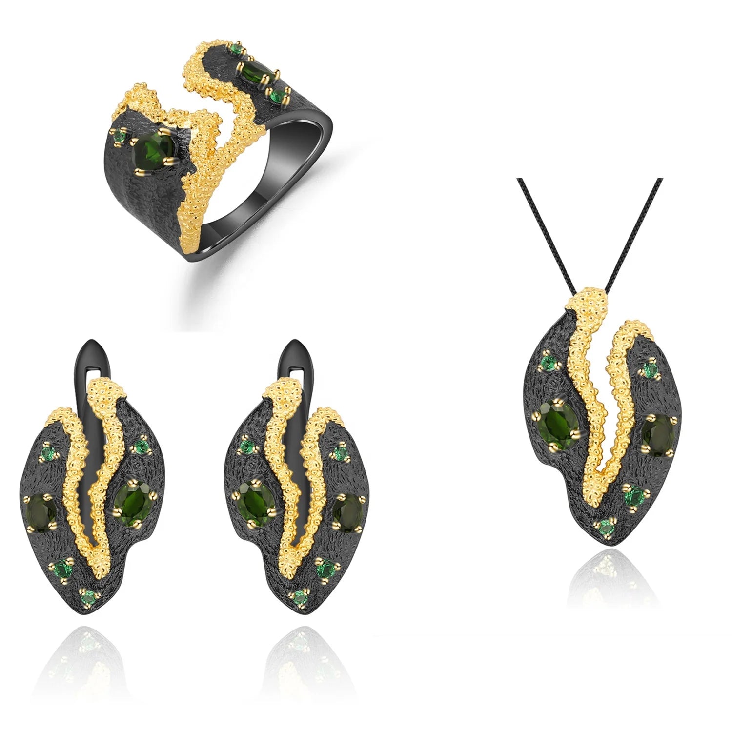 Abiding Natural Unique Design Chrome Diopside Jewelry Set New 925 Sterling Silver Gemstone Ring Earring Necklace Set