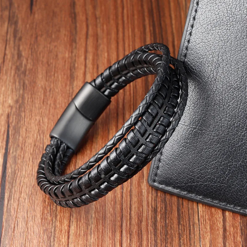 2025 Men's Genuine Real Leather Woven PU Wristband Fashion Beaded Bracelets with Stainless Steel Jewelry Hot Sale Accessory