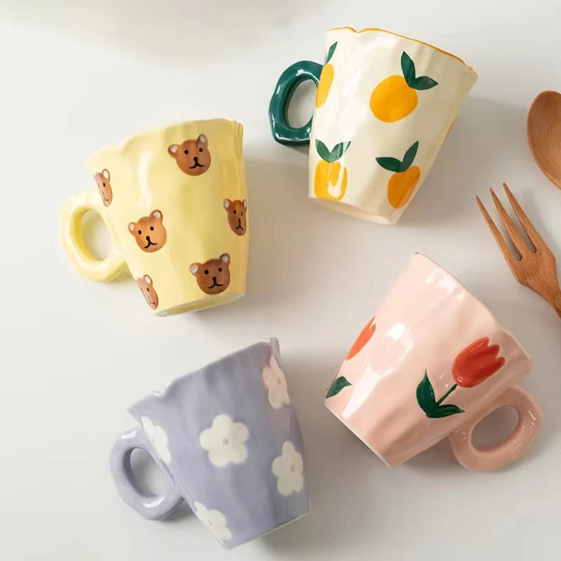 Large Capacity 350ml Bear Mug Cute Ceramic Eco-Friendly Flower Design Hand Pinch Cups for Coffee Tea Milk & Ice Cream