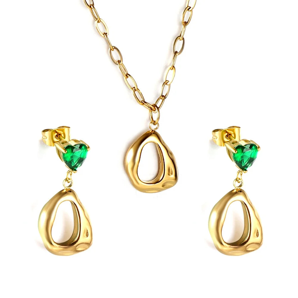 OEM Exquisite Women Stainless Steel 18K Gold Jewelry Set Green Zirconia Earrings Irregularly Shaped Circle Pendant Necklace Set