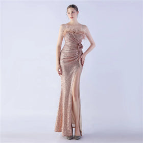 31365# Spot Ostrich Wool Craft Flower Wedding Annual Meeting High-end Evening Dress