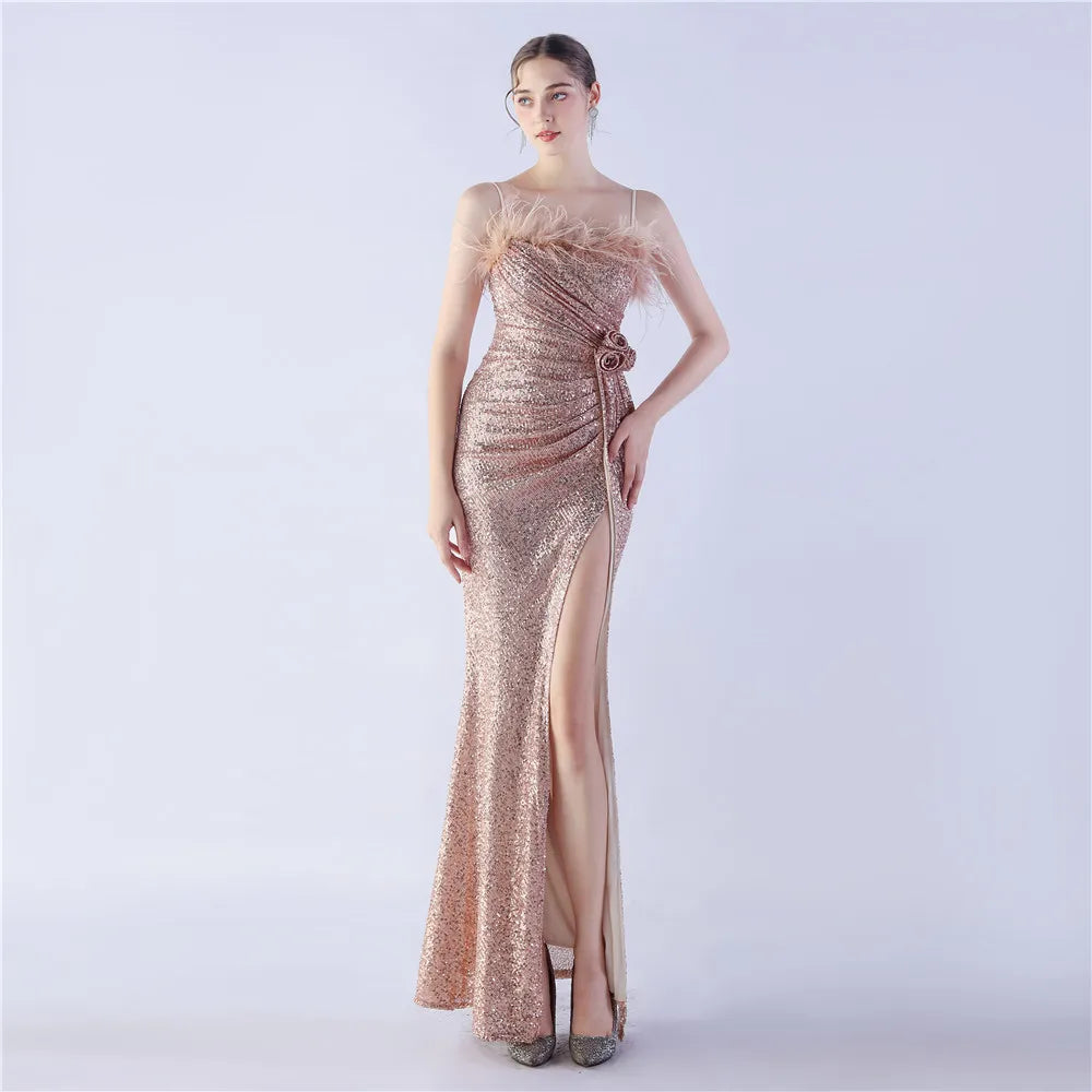 31365# Spot Ostrich Wool Craft Flower Wedding Annual Meeting High-end Evening Dress