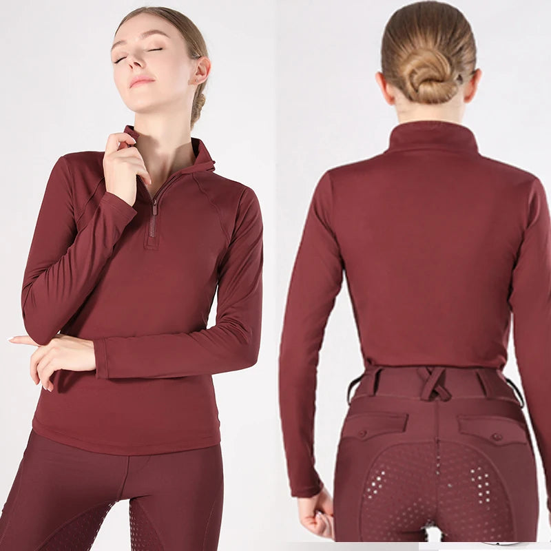 In Stock Hot Sale Burgundy Horse Riding Long Sleeve Equestrian Clothing Base Layer Four Way Stretch Horse Riding Polo Shirt