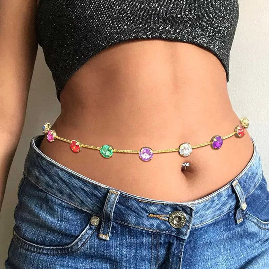 Bohemian Style Summer Beach Rainbow Rhinestone Diamond Gemstone Chakra Waist Chains