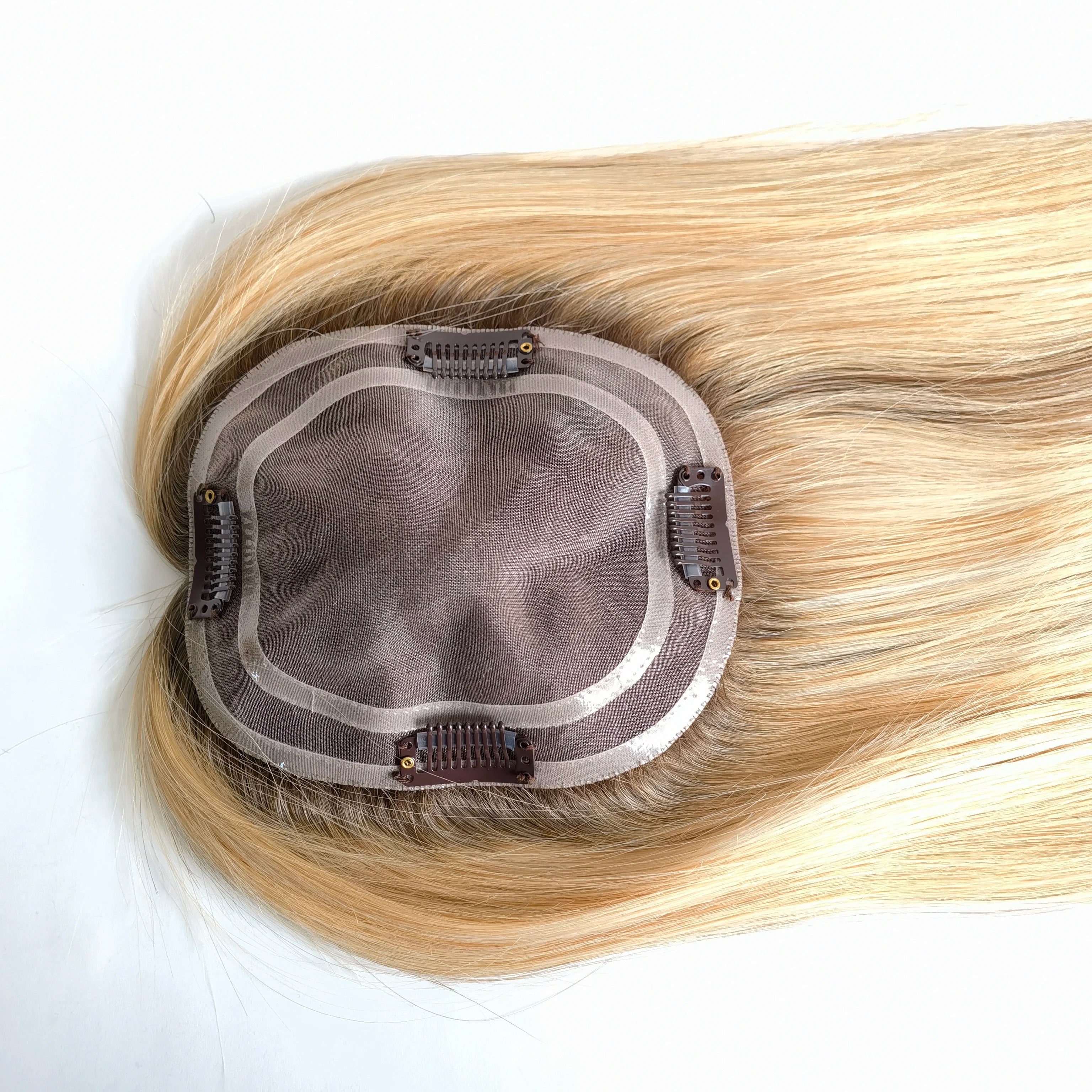 All Hand Tied Mono Lace Base Highlight Ombre Color Natural Human Hair Women Topper with Clips in