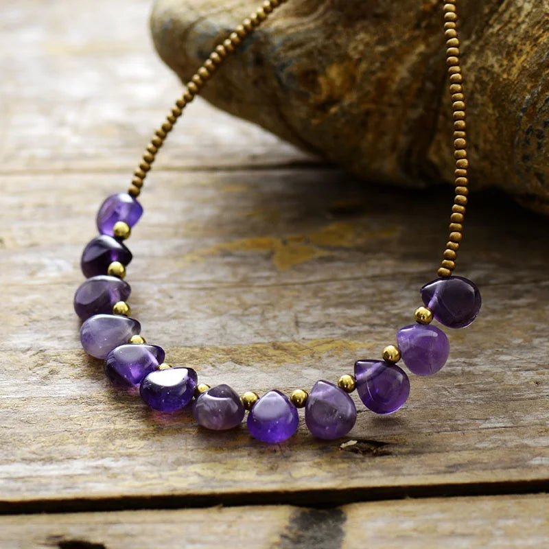 Romantic Bohemian Woman Jewelry-Health Teardrop Amethyst Tiny Seed Beads Statement Bib Chain Necklace for Wedding Gift Wholesale