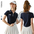 Woman Yoga Shirt Color Blocking Lapel Collar Half Zipper Irregular Curve Bottom Top Golf Tennis Ball Sports Short Sleeve Shirts