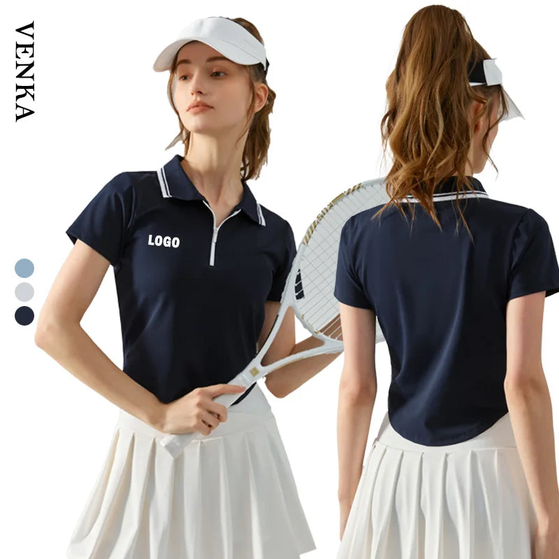 Woman Yoga Shirt Color Blocking Lapel Collar Half Zipper Irregular Curve Bottom Top Golf Tennis Ball Sports Short Sleeve Shirts