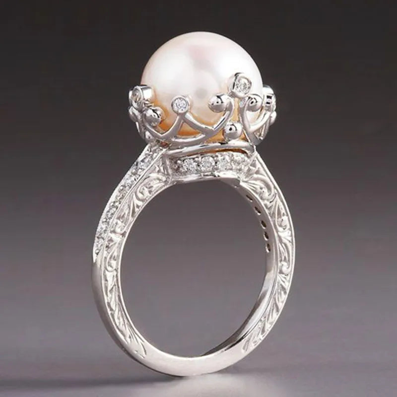 CAOSHI White Big Fresh Water Pearl Crown Rings for Women Silver Plated Wedding Jewelry Freshwater Pearl Cubic Zirconia Ring