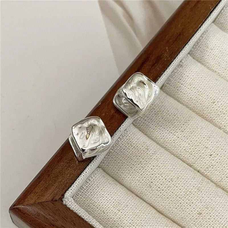 Fine Jewelry Geometric 925 Sterling Silver Texture Retro Square Ear Clip Earrings for Mother's Day Gifts