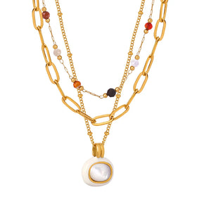 JOOLIM High End Stainless Steel Colorful Natural Stone Shell Pendant Vintage Necklace 18K Gold Plated Fashion Jewelry Wholesale