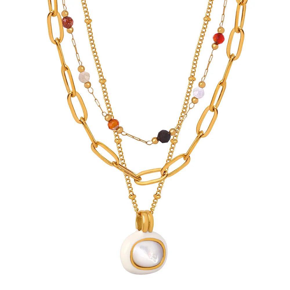 JOOLIM High End Stainless Steel Colorful Natural Stone Shell Pendant Vintage Necklace 18K Gold Plated Fashion Jewelry Wholesale