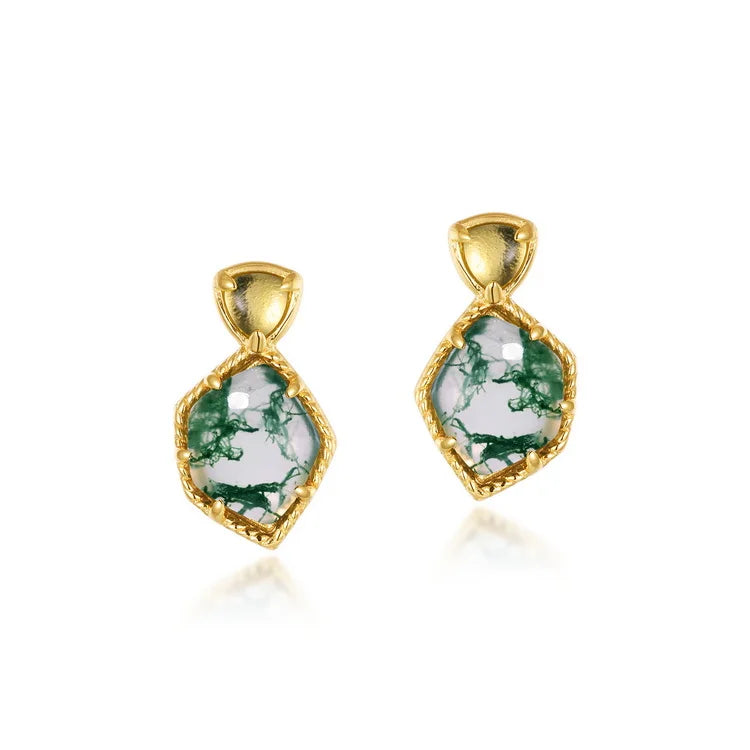 2026 New Arrival Trendy Sterling Silver 925 Earrings Dragonfly Shaped Embossed Earrings Cute Moss Agate Jewelry Stud Earrings