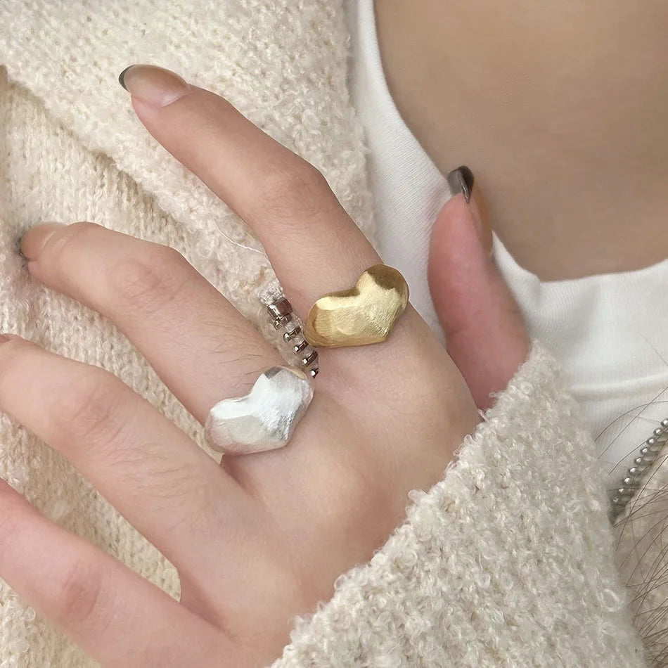 Elegant 925 Sterling Silver Geometric Brushed Heart Shape Open Rings for Women Fashion Jewelry