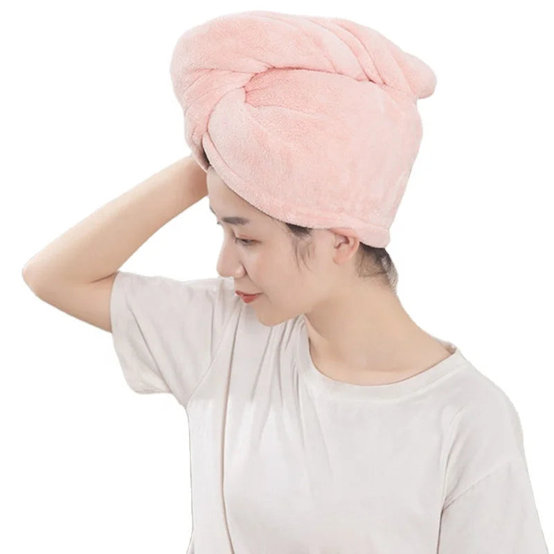 Women's Magic Coral Fleece Microfiber Hair Towel Wrap Super Absorbent Hair Drying Turban with Buttons for Beach or Hotel Use