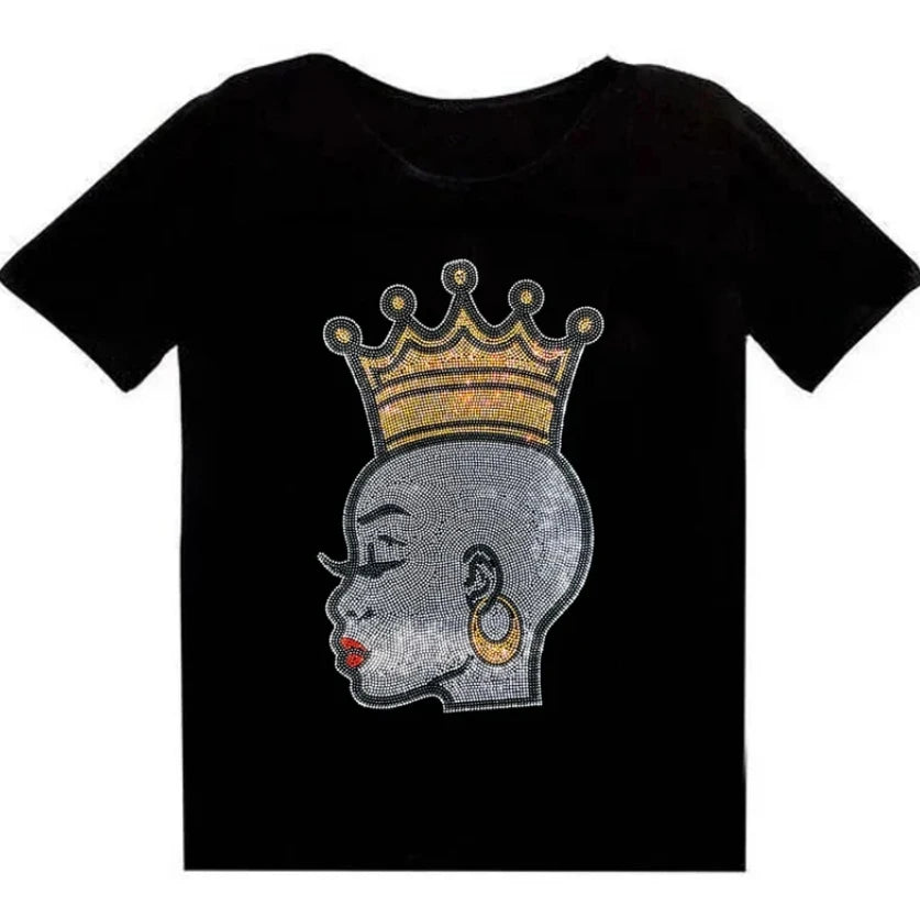 Black History Queen Cartoon Ready Design Factory High Quality Rhinestone Printing Wholesale T-shirt