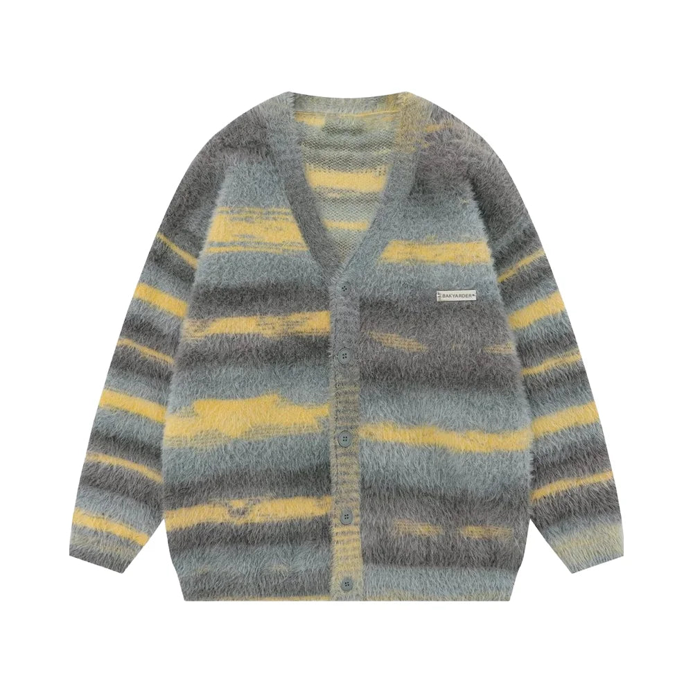 Custom Logo Mohair Sweater Jacquard Striped Pattern Knitwear Winter Furry Button up Knitted Cardigan Mohair Sweater