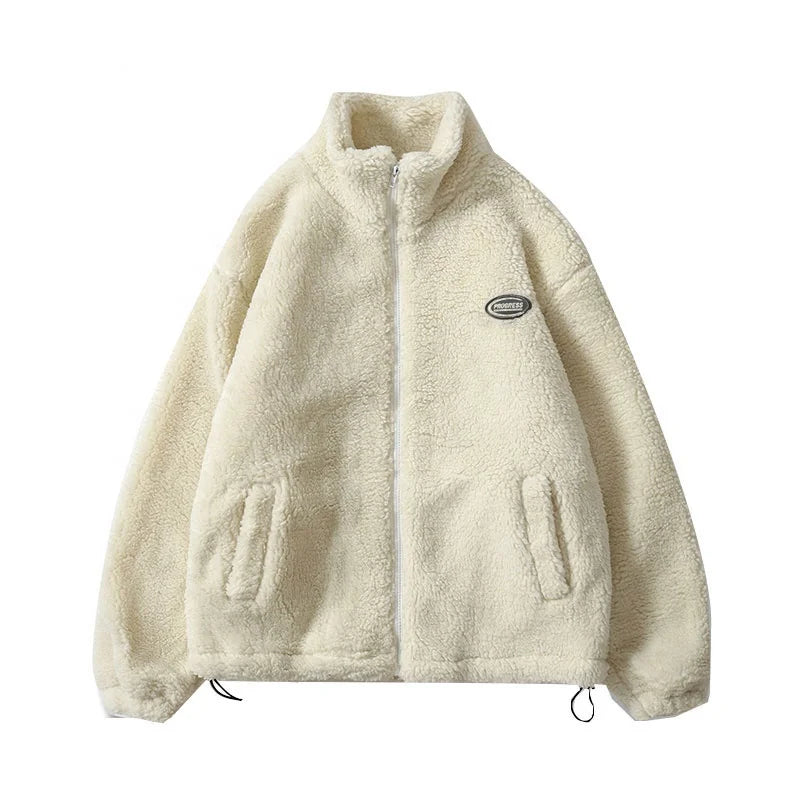 Hip Hop Winter Fleece Fluffy Jacket Streetwear Harajuku Fuzzy Zipper Coat Men Autumn Solid Color Lightweight Jackets Black White