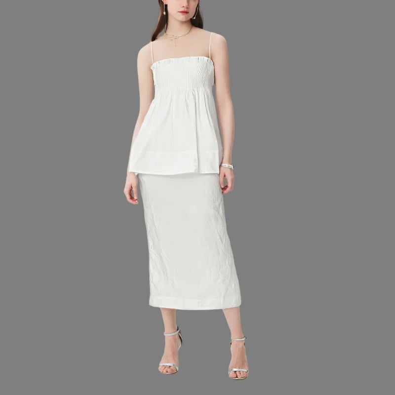 Women's Simple White Camisole Skirt Two-Piece Suit With Wrinkles and Slits Casual  Elegant Suit Wholesale