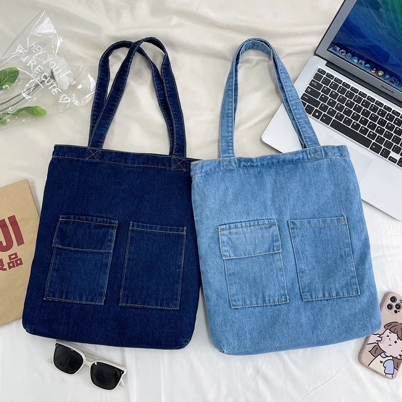 Wholesale Women Vintage Multi Pockets Denim Tote Bag Young Girls Preppy Style Jean Shopper Tote Shoulder Bag