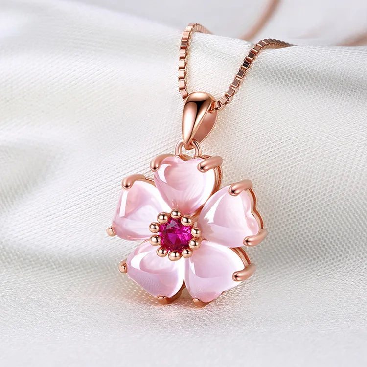 Fashion Sweet Cherry Peach Blossom Pink Rose Red Stone Women Necklace Spring Beautiful Girls Necklace Jewelry
