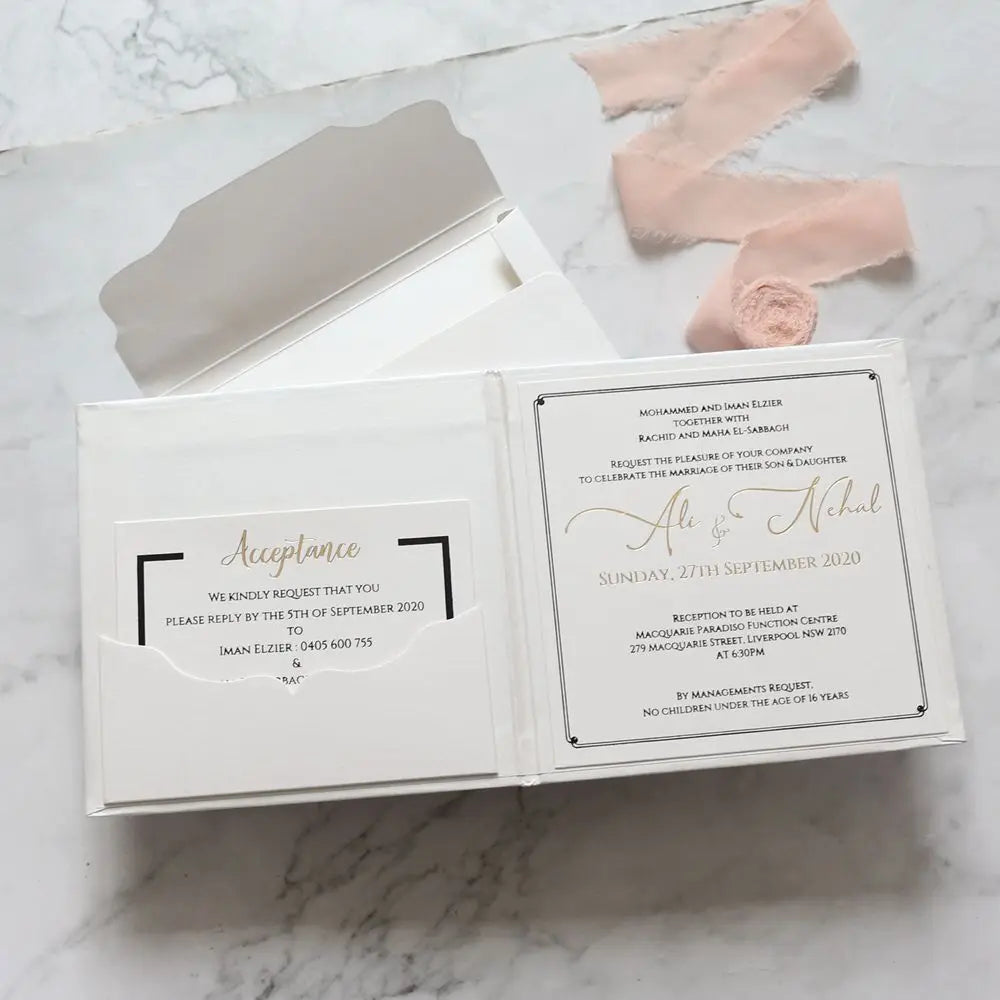 15*15cm Hardcover Folio Wedding Invitation Card Pocketfold Invitations with Silver Foil Text and Envelope MegaBDM