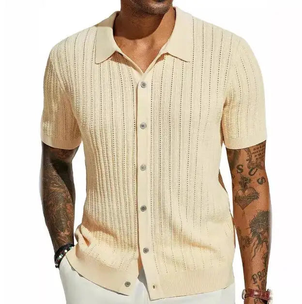 Men's Casual Knitted Shirt Summer New Solid Color Top Men's Short Sleeved Lapel Hollowed Out Breathable T-shirt