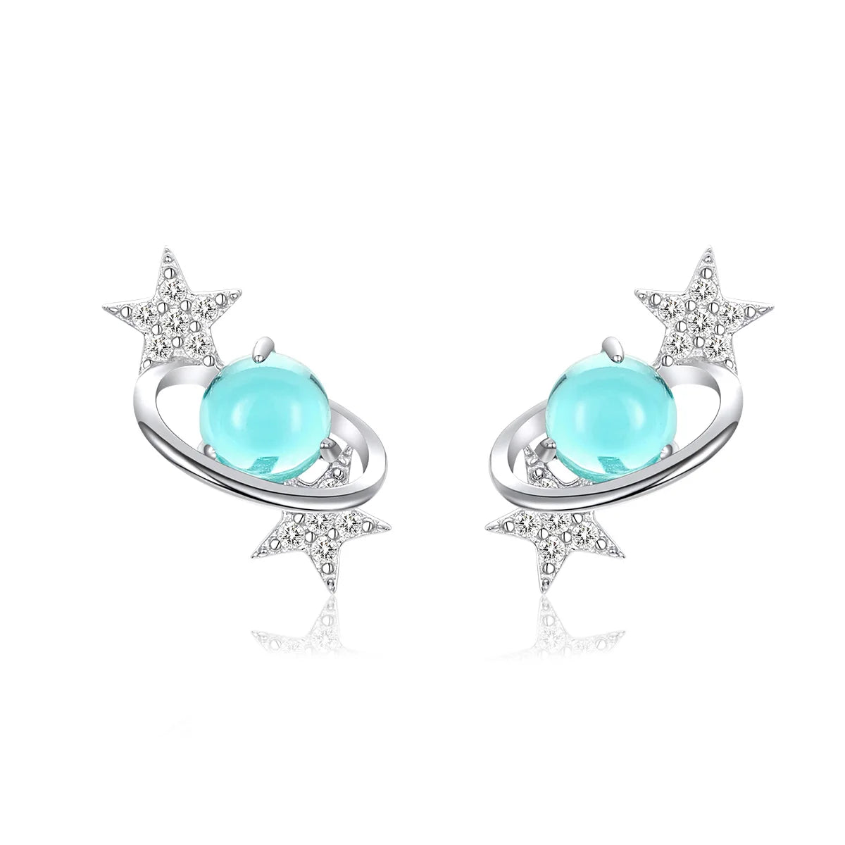 925 Sterling Silver Light Blue Planet with Star Stud Earrings for Women Original Design Fashion Jewelry Holiday Gifts SCE701