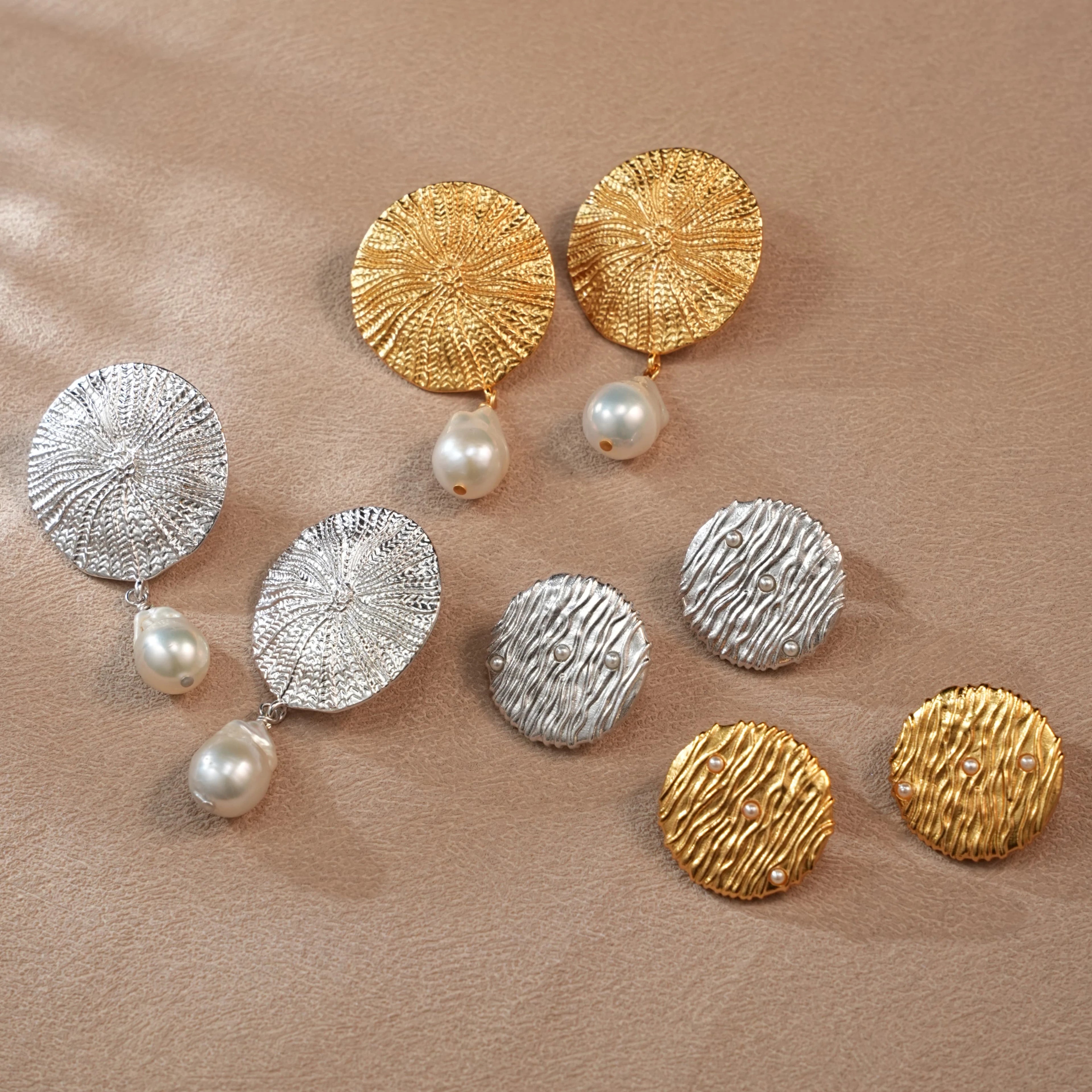 Light Luxury Retro Round Cookie Shape & Baroque Pearl Dangle Earrings Gold Silver Genuine Gold Plated Brass